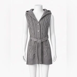 Old Navy Girls Hooded Cable Knit Sweater Cardigan Vest Gray Belted 10 12